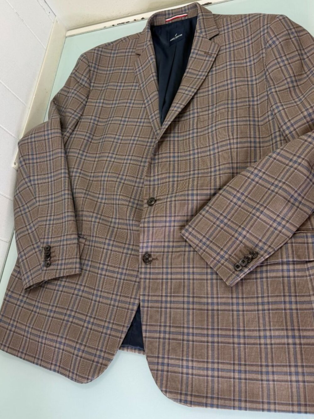 Daniel Hechter Mens 50L Jacket Blazer Sport Coat Plaid Brown Blue Double Vent